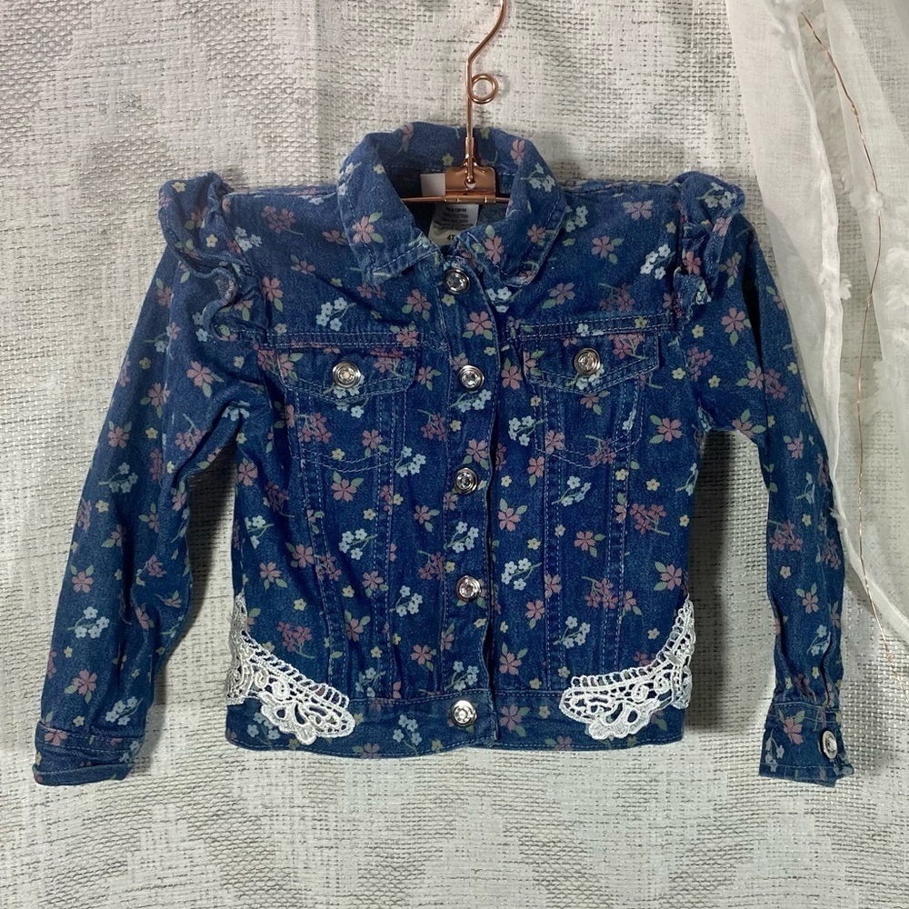 Little Lass floral denim rhinestone button up jacket size 4T